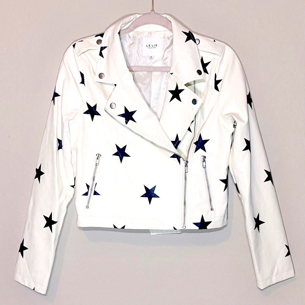 Black Stars White Leather Motorcycle Jacket